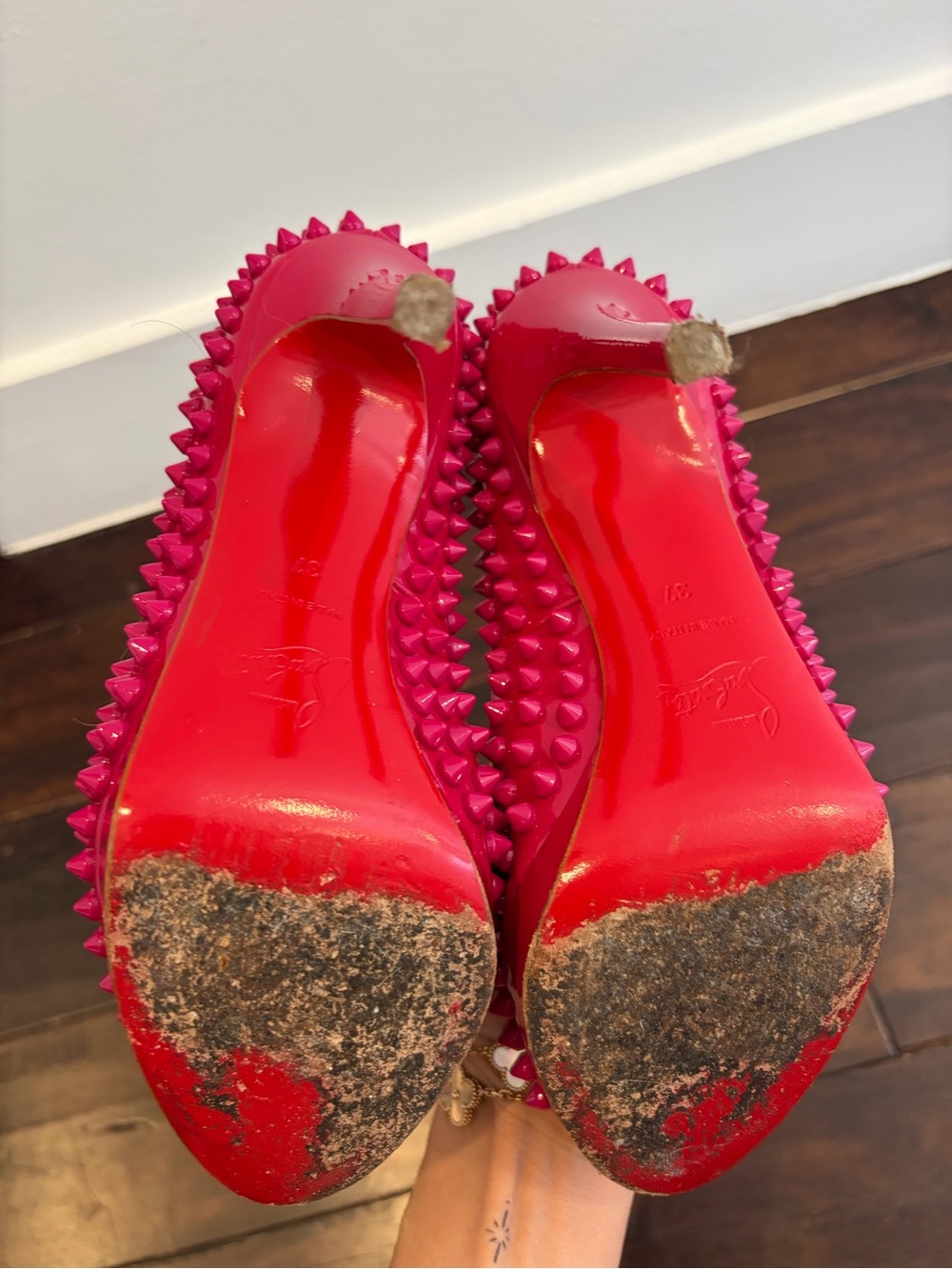 Christian Louboutin Hot Pink Spiked Peep-Toe Pumps - Picture 5 of 5
